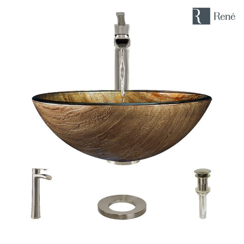Rene 17" Round Glass Bathroom Sink, Bronze, with Faucet, R5-5030-R9-7007-BN