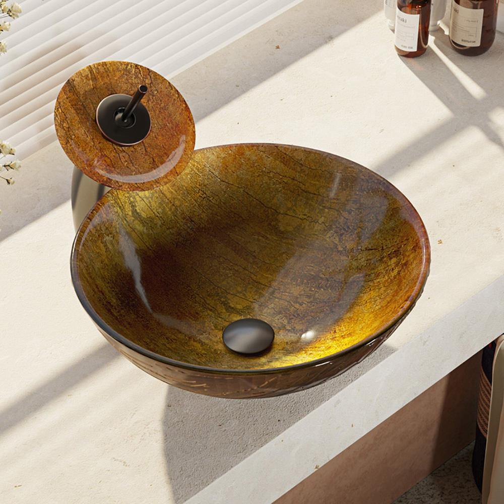 Rene 17" Round Glass Bathroom Sink, Bronze, with Faucet, R5-5030-WF-ABR - The Sink Boutique
