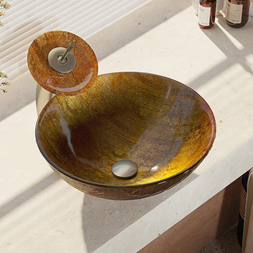 Rene 17" Round Glass Bathroom Sink, Bronze, with Faucet, R5-5030-WF-BN - The Sink Boutique