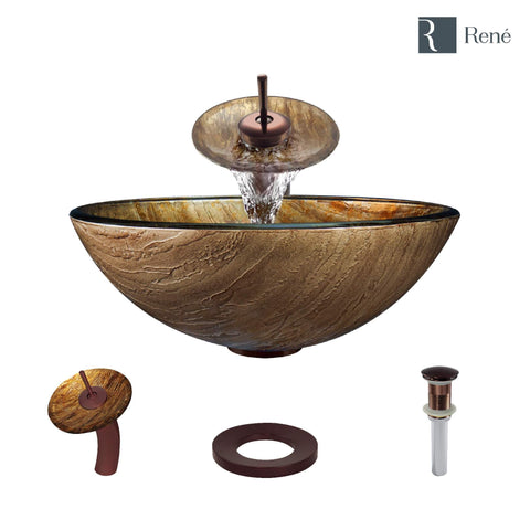 Rene 17" Round Glass Bathroom Sink, Bronze, with Faucet, R5-5030-WF-ORB