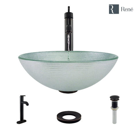 Rene 17" Round Glass Bathroom Sink, Sparkling Silver, with Faucet, R5-5034-R9-7001-ABR