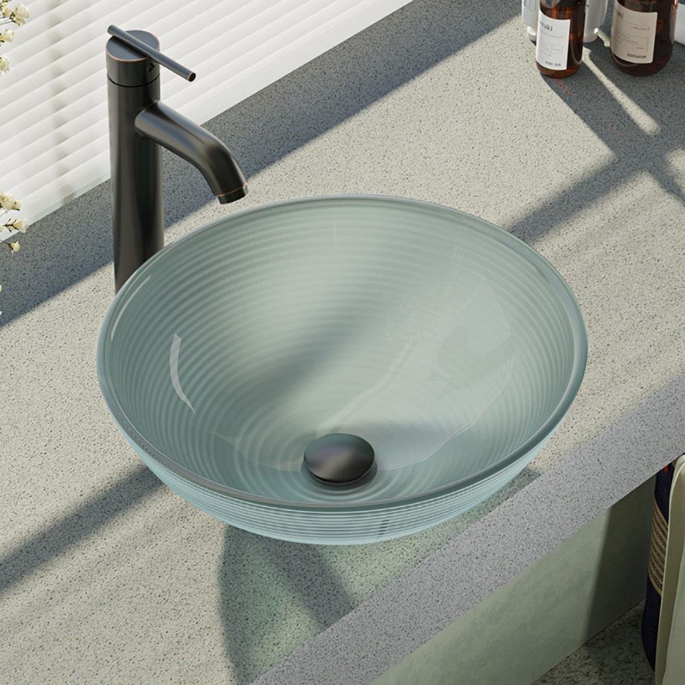 Rene 17" Round Glass Bathroom Sink, Sparkling Silver, with Faucet, R5-5034-R9-7001-ABR - The Sink Boutique