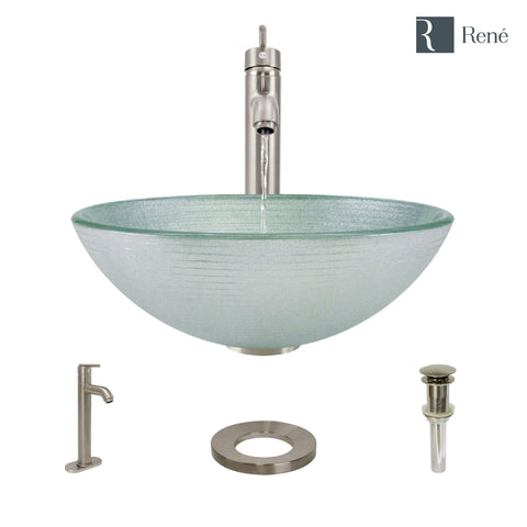 Rene 17" Round Glass Bathroom Sink, Sparkling Silver, with Faucet, R5-5034-R9-7001-BN