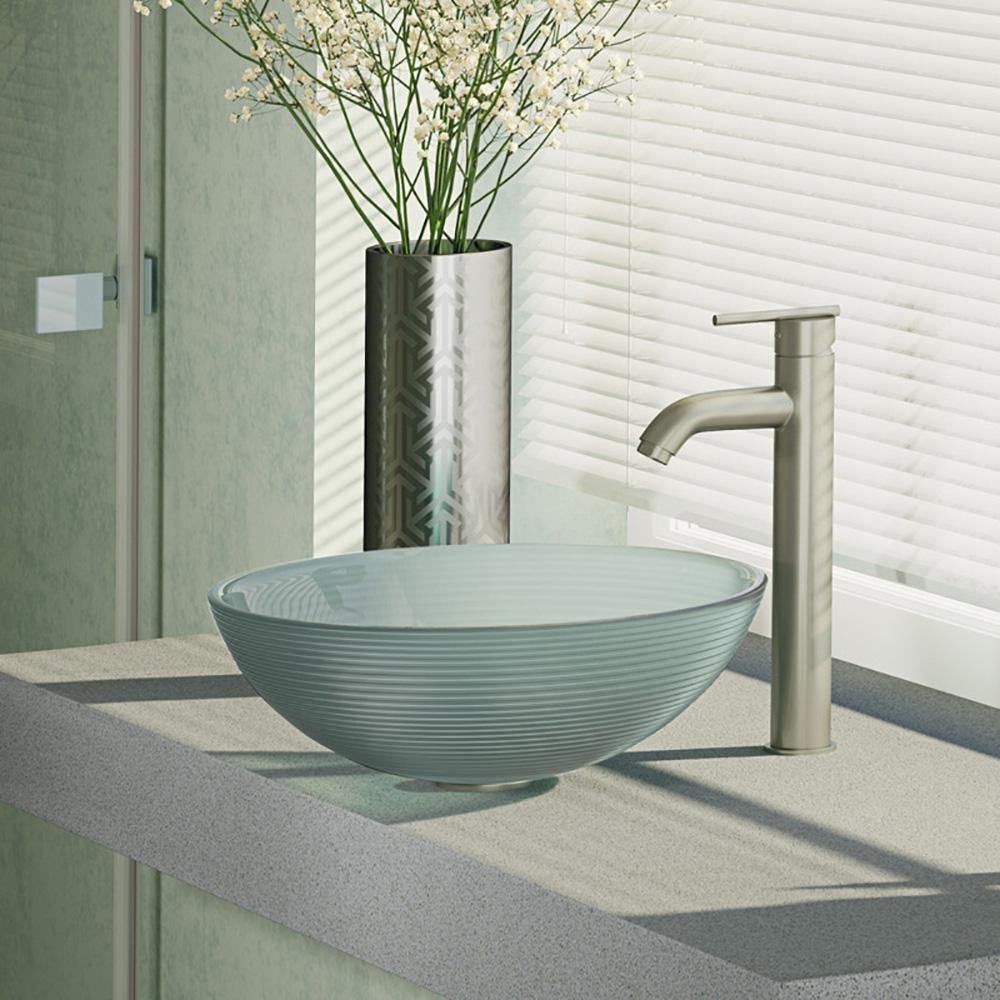 Rene 17" Round Glass Bathroom Sink, Sparkling Silver, with Faucet, R5-5034-R9-7001-BN - The Sink Boutique