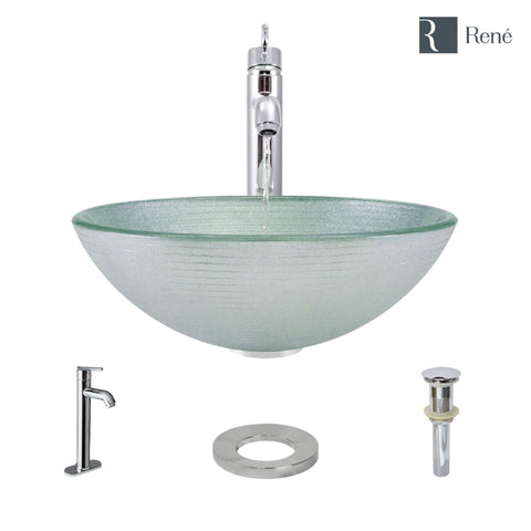 Rene 17" Round Glass Bathroom Sink, Sparkling Silver, with Faucet, R5-5034-R9-7001-C
