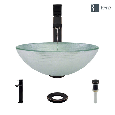 Rene 17" Round Glass Bathroom Sink, Sparkling Silver, with Faucet, R5-5034-R9-7003-ABR