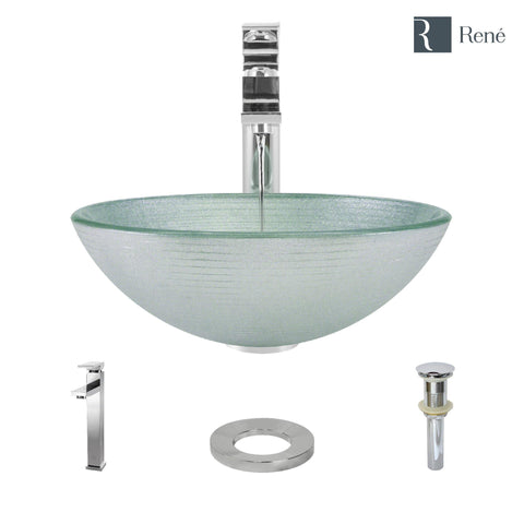 Rene 17" Round Glass Bathroom Sink, Sparkling Silver, with Faucet, R5-5034-R9-7003-C