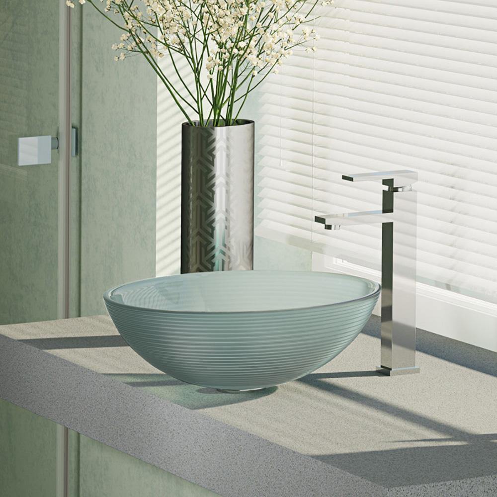 Rene 17" Round Glass Bathroom Sink, Sparkling Silver, with Faucet, R5-5034-R9-7003-C - The Sink Boutique