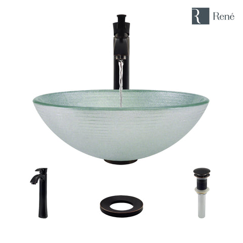 Rene 17" Round Glass Bathroom Sink, Sparkling Silver, with Faucet, R5-5034-R9-7006-ABR