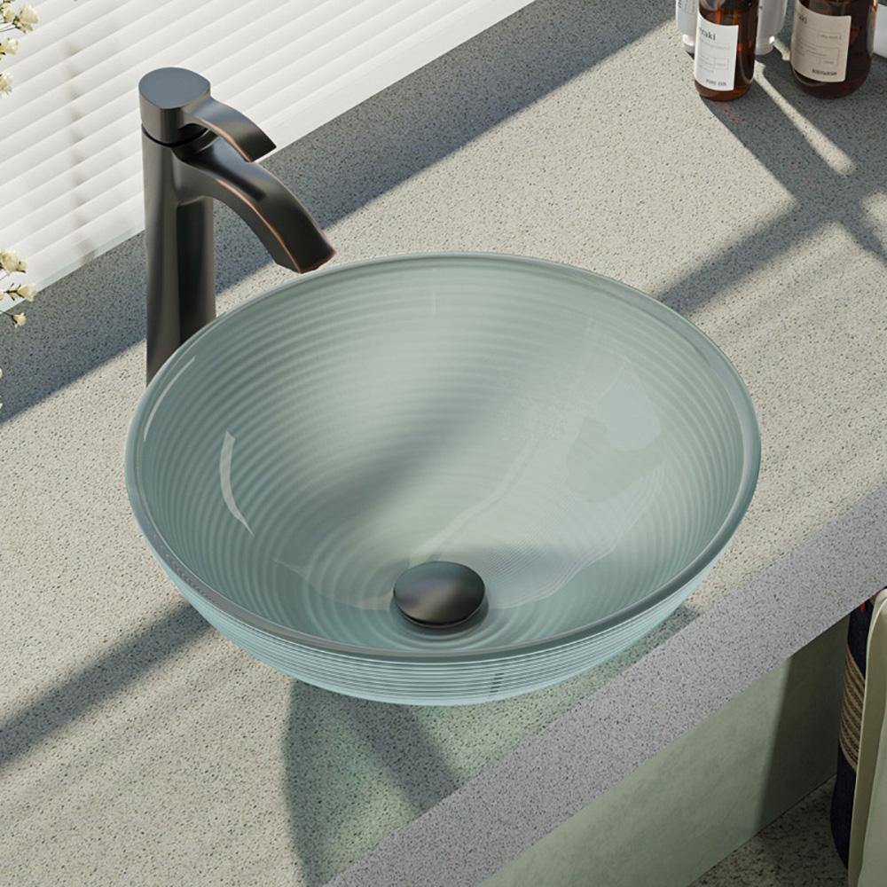 Rene 17" Round Glass Bathroom Sink, Sparkling Silver, with Faucet, R5-5034-R9-7006-ABR - The Sink Boutique