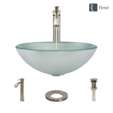 Rene 17" Round Glass Bathroom Sink, Sparkling Silver, with Faucet, R5-5034-R9-7006-BN