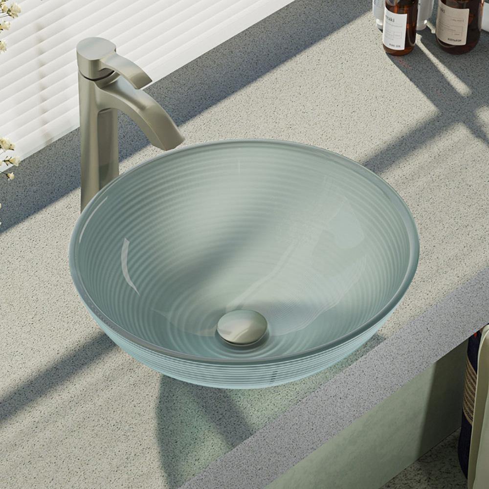 Rene 17" Round Glass Bathroom Sink, Sparkling Silver, with Faucet, R5-5034-R9-7006-BN - The Sink Boutique
