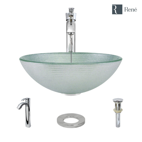 Rene 17" Round Glass Bathroom Sink, Sparkling Silver, with Faucet, R5-5034-R9-7006-C