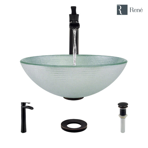 Rene 17" Round Glass Bathroom Sink, Sparkling Silver, with Faucet, R5-5034-R9-7007-ABR