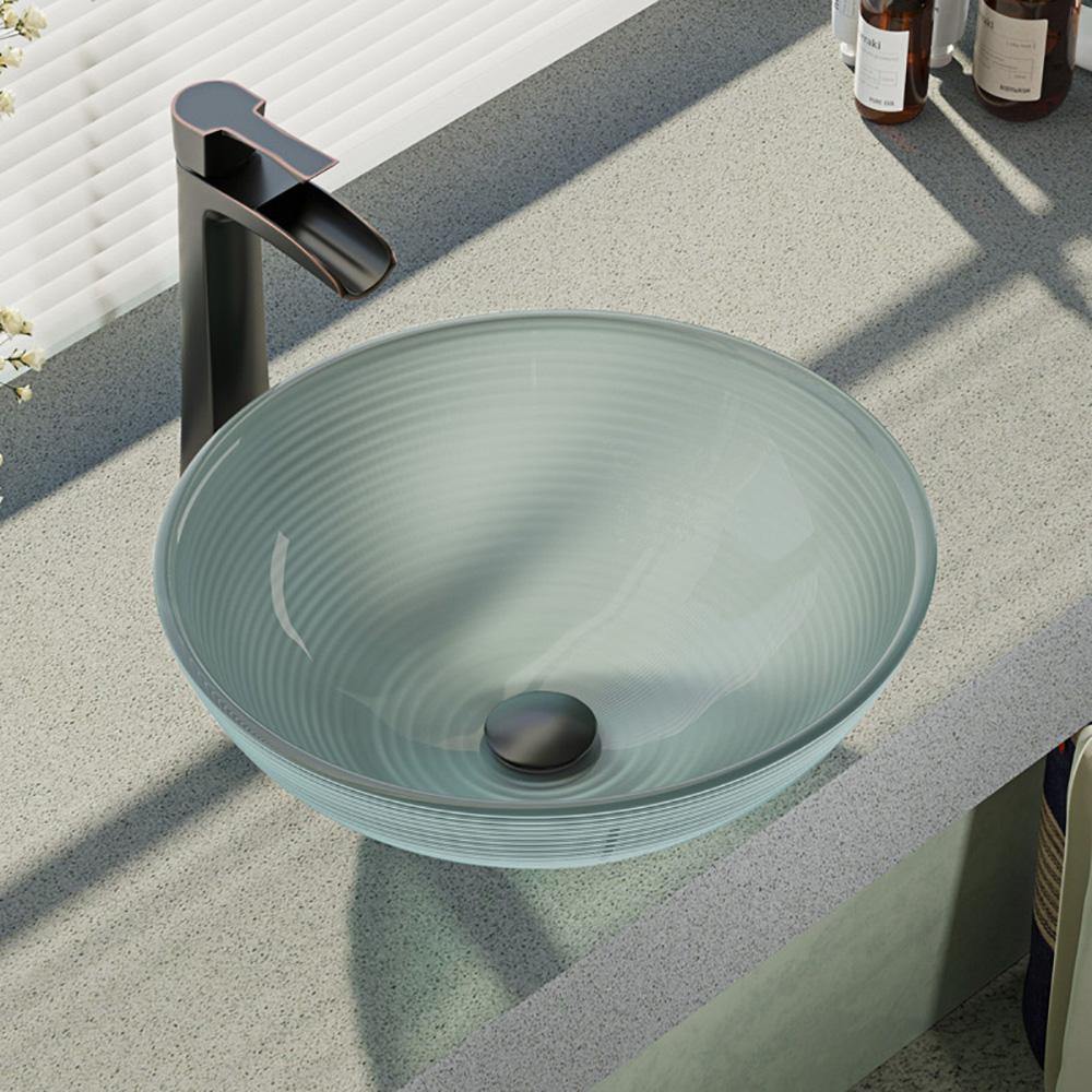 Rene 17" Round Glass Bathroom Sink, Sparkling Silver, with Faucet, R5-5034-R9-7007-ABR - The Sink Boutique