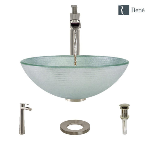 Rene 17" Round Glass Bathroom Sink, Sparkling Silver, with Faucet, R5-5034-R9-7007-BN