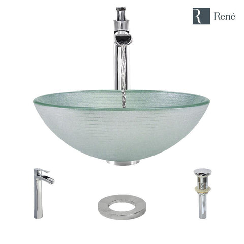 Rene 17" Round Glass Bathroom Sink, Sparkling Silver, with Faucet, R5-5034-R9-7007-C