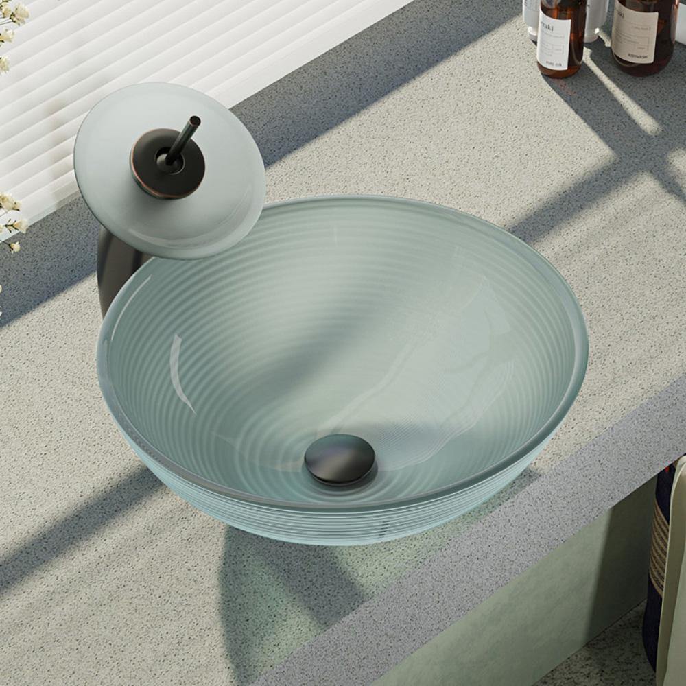 Rene 17" Round Glass Bathroom Sink, Sparkling Silver, with Faucet, R5-5034-WF-ABR - The Sink Boutique
