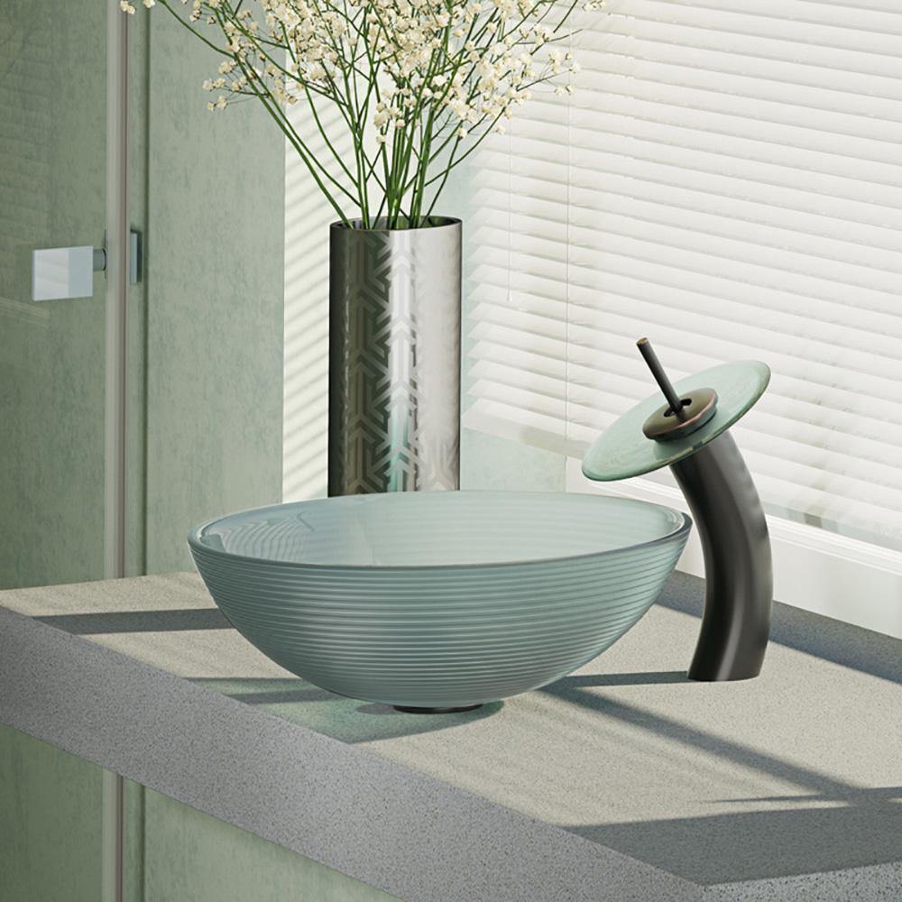 Rene 17" Round Glass Bathroom Sink, Sparkling Silver, with Faucet, R5-5034-WF-ABR - The Sink Boutique