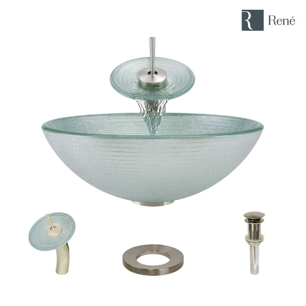 Rene 17" Round Glass Bathroom Sink, Sparkling Silver, with Faucet, R5-5034-WF-BN