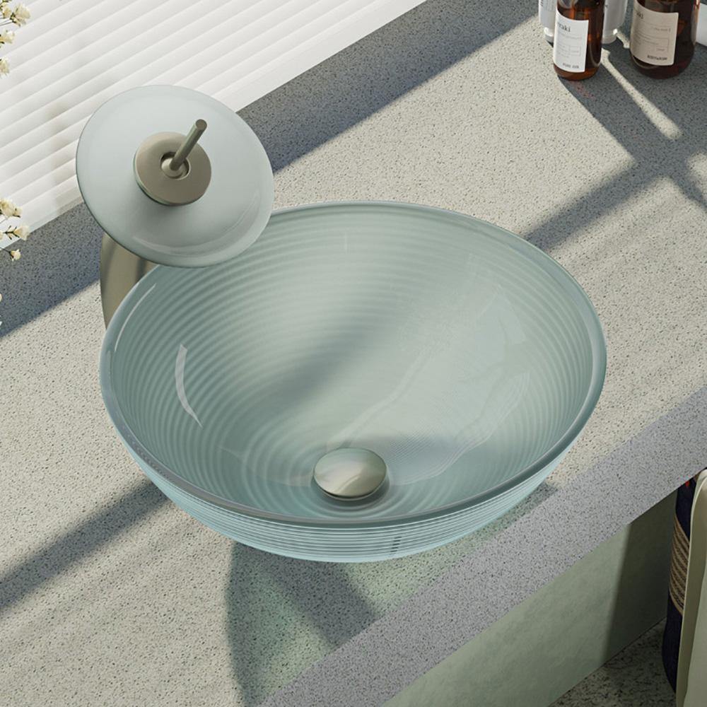 Rene 17" Round Glass Bathroom Sink, Sparkling Silver, with Faucet, R5-5034-WF-BN - The Sink Boutique