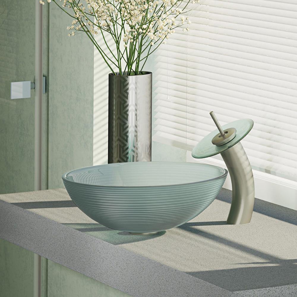 Rene 17" Round Glass Bathroom Sink, Sparkling Silver, with Faucet, R5-5034-WF-BN - The Sink Boutique