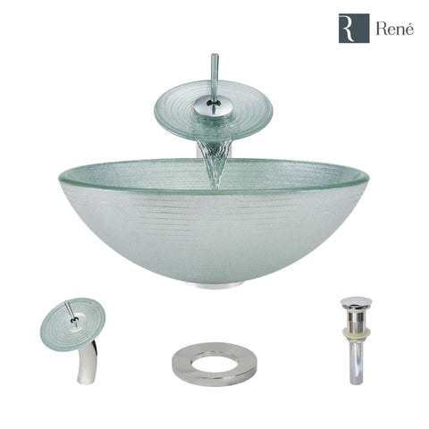 Rene 17" Round Glass Bathroom Sink, Sparkling Silver, with Faucet, R5-5034-WF-C