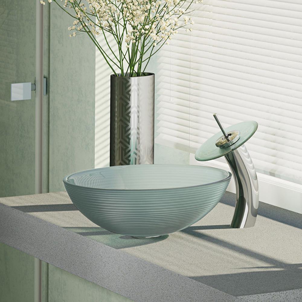 Rene 17" Round Glass Bathroom Sink, Sparkling Silver, with Faucet, R5-5034-WF-C - The Sink Boutique