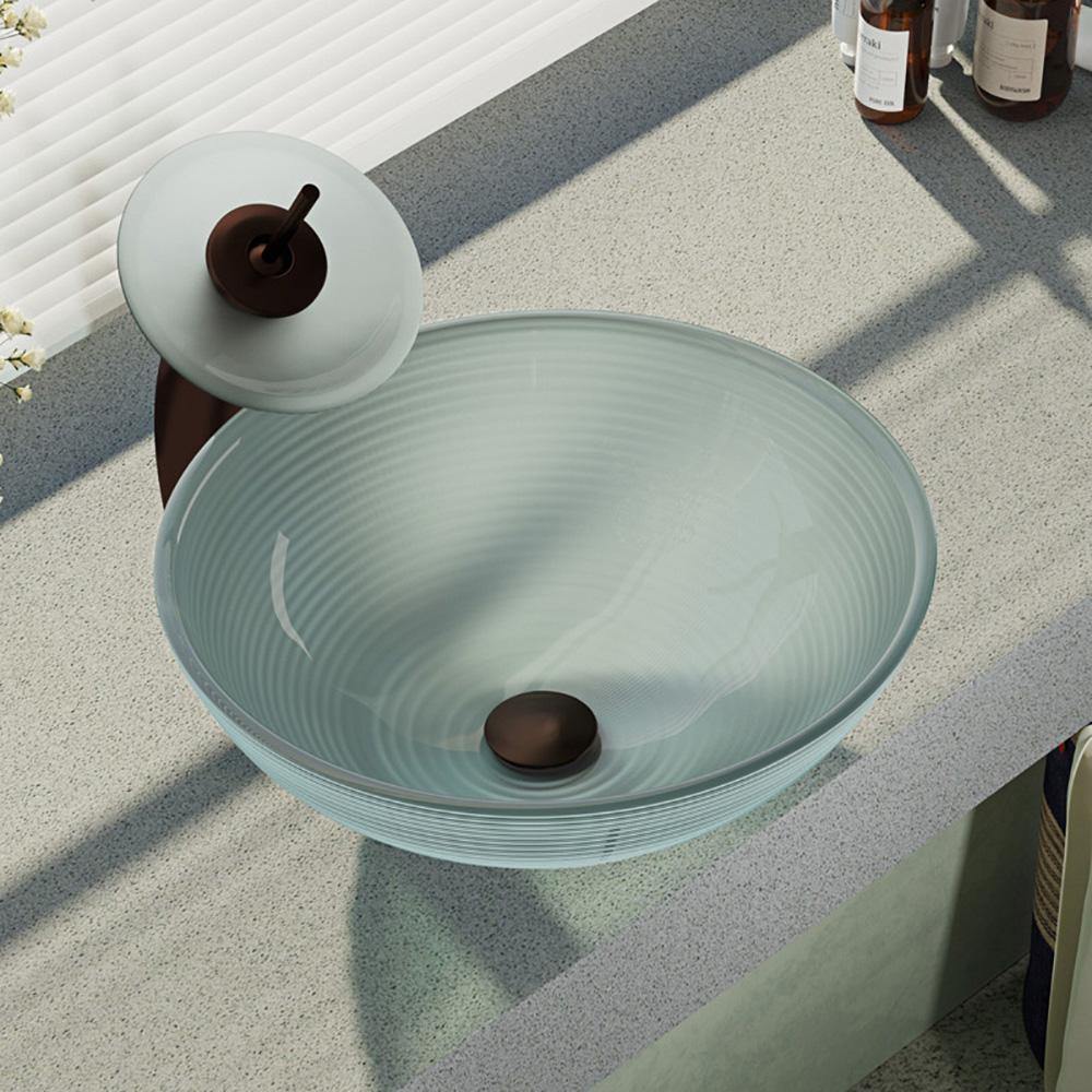 Rene 17" Round Glass Bathroom Sink, Sparkling Silver, with Faucet, R5-5034-WF-ORB - The Sink Boutique