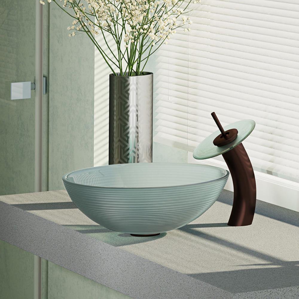 Rene 17" Round Glass Bathroom Sink, Sparkling Silver, with Faucet, R5-5034-WF-ORB - The Sink Boutique