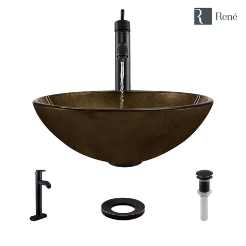 Rene 17" Round Glass Bathroom Sink, Regal Bronze and Earth Tones, with Faucet, R5-5035-R9-7001-ABR
