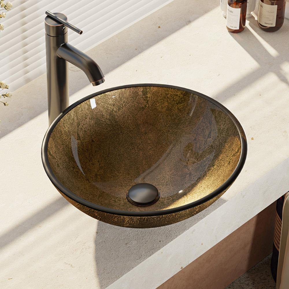 Rene 17" Round Glass Bathroom Sink, Regal Bronze and Earth Tones, with Faucet, R5-5035-R9-7001-ABR - The Sink Boutique