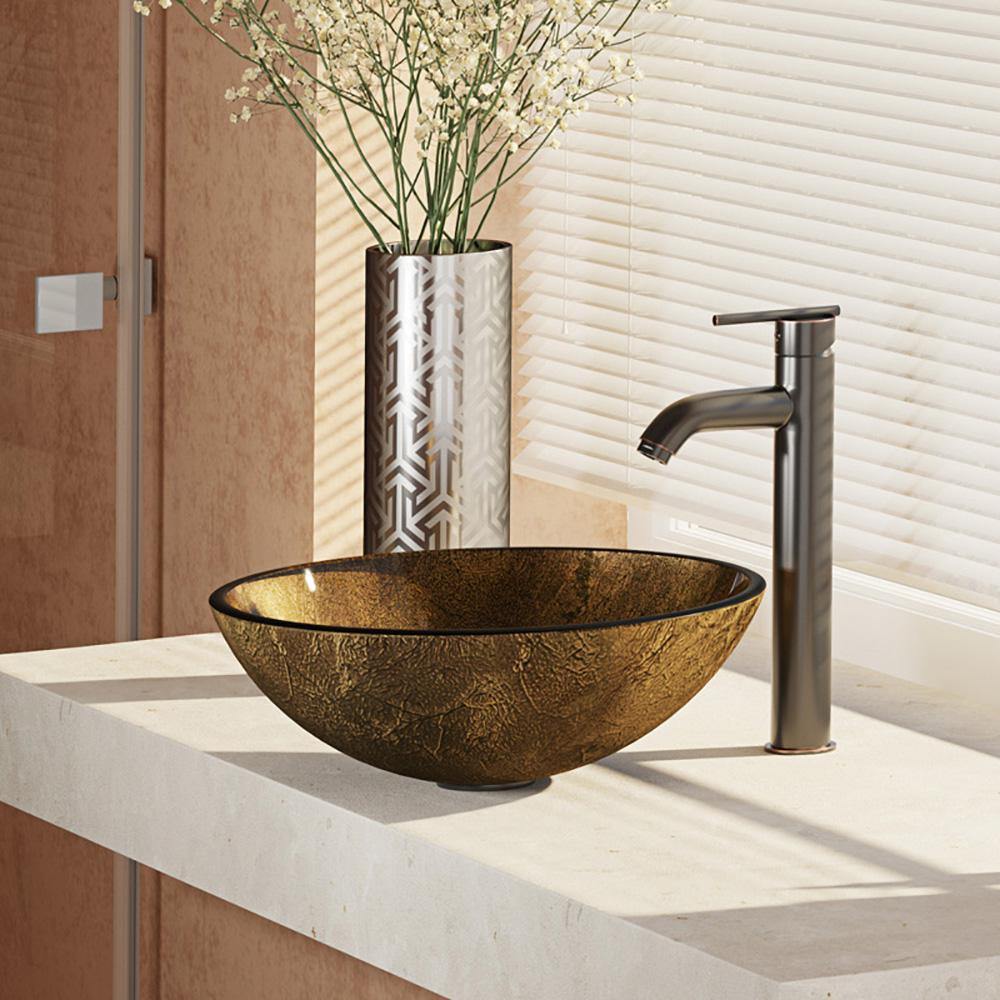 Rene 17" Round Glass Bathroom Sink, Regal Bronze and Earth Tones, with Faucet, R5-5035-R9-7001-ABR - The Sink Boutique