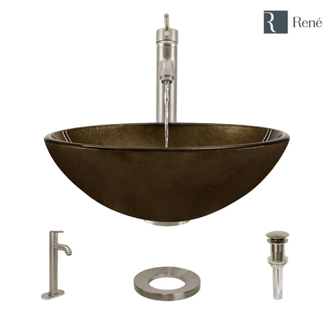 Rene 17" Round Glass Bathroom Sink, Regal Bronze and Earth Tones, with Faucet, R5-5035-R9-7001-BN