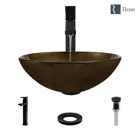 Rene 17" Round Glass Bathroom Sink, Regal Bronze and Earth Tones, with Faucet, R5-5035-R9-7003-ABR