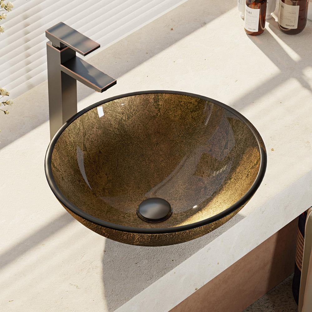Rene 17" Round Glass Bathroom Sink, Regal Bronze and Earth Tones, with Faucet, R5-5035-R9-7003-ABR - The Sink Boutique