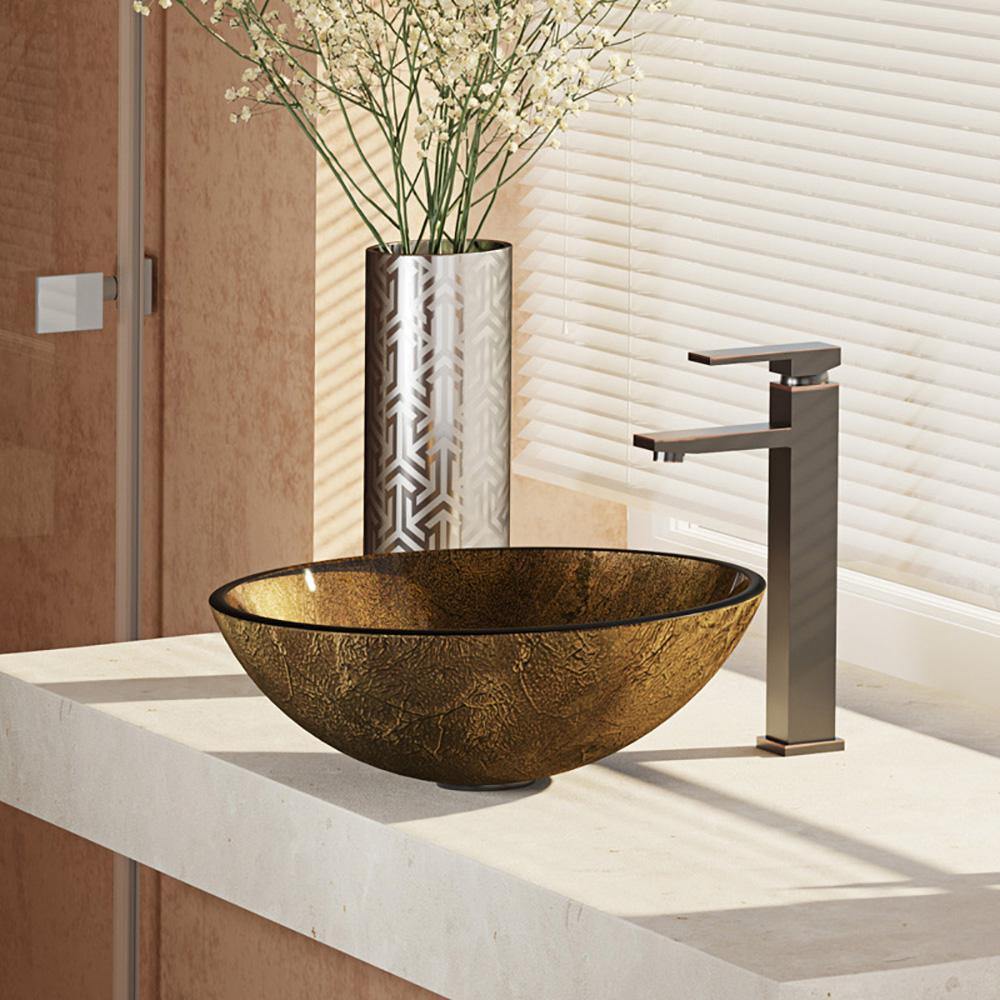 Rene 17" Round Glass Bathroom Sink, Regal Bronze and Earth Tones, with Faucet, R5-5035-R9-7003-ABR - The Sink Boutique