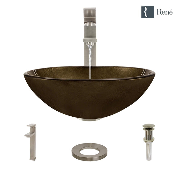 Rene 17" Round Glass Bathroom Sink, Regal Bronze and Earth Tones, with Faucet, R5-5035-R9-7003-BN