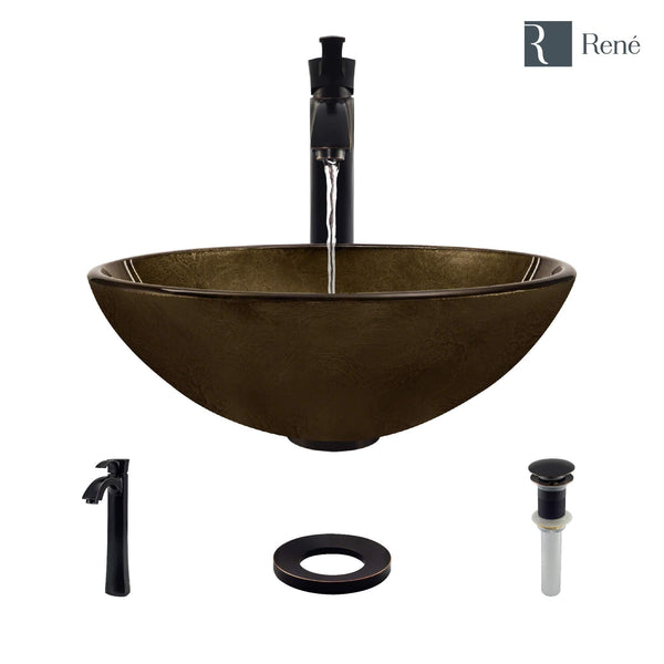 Rene 17" Round Glass Bathroom Sink, Regal Bronze and Earth Tones, with Faucet, R5-5035-R9-7006-ABR