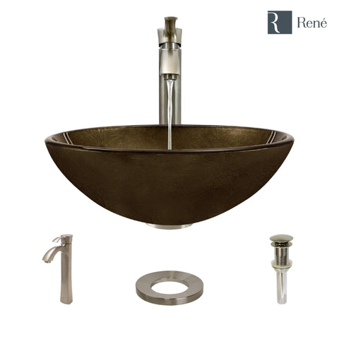 Rene 17" Round Glass Bathroom Sink, Regal Bronze and Earth Tones, with Faucet, R5-5035-R9-7006-BN