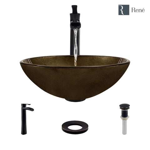 Rene 17" Round Glass Bathroom Sink, Regal Bronze and Earth Tones, with Faucet, R5-5035-R9-7007-ABR