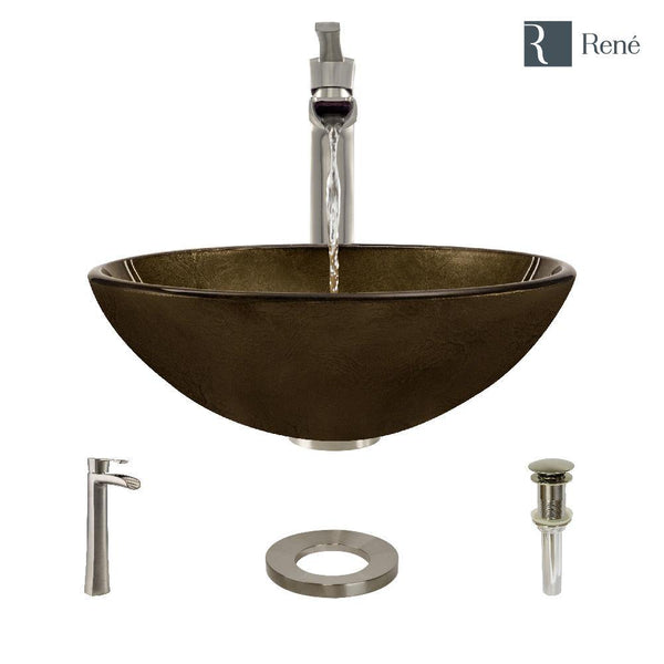 Rene 17" Round Glass Bathroom Sink, Regal Bronze and Earth Tones, with Faucet, R5-5035-R9-7007-BN