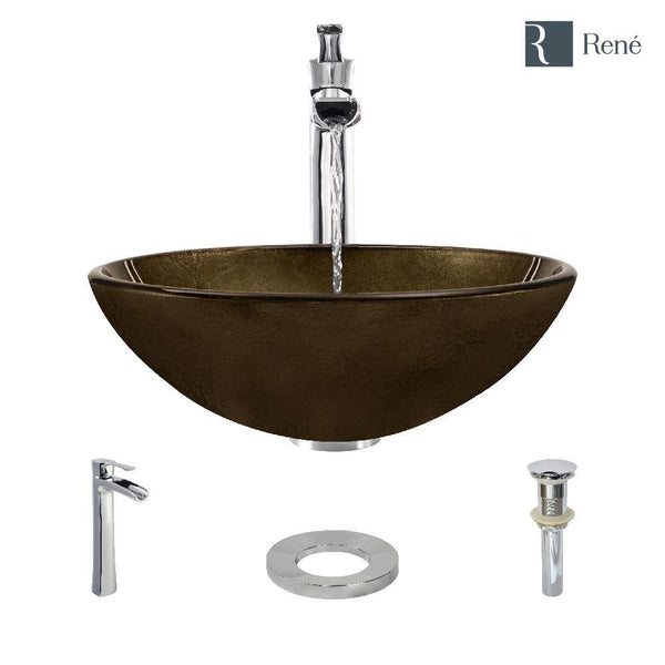 Rene 17" Round Glass Bathroom Sink, Regal Bronze and Earth Tones, with Faucet, R5-5035-R9-7007-C
