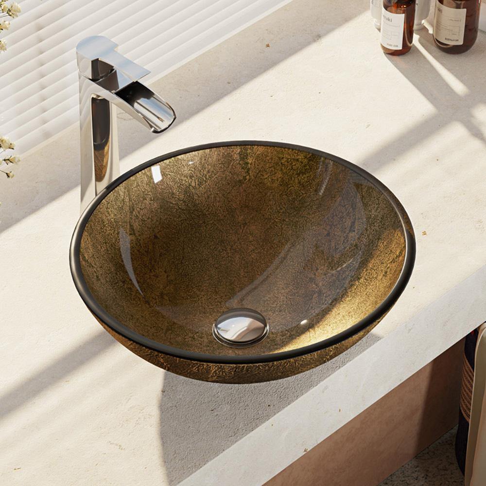 Rene 17" Round Glass Bathroom Sink, Regal Bronze and Earth Tones, with Faucet, R5-5035-R9-7007-C - The Sink Boutique