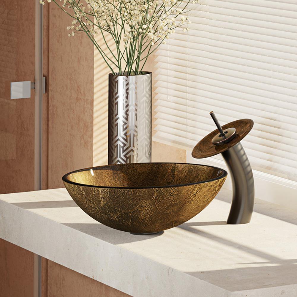 Rene 17" Round Glass Bathroom Sink, Regal Bronze and Earth Tones, with Faucet, R5-5035-WF-ABR - The Sink Boutique