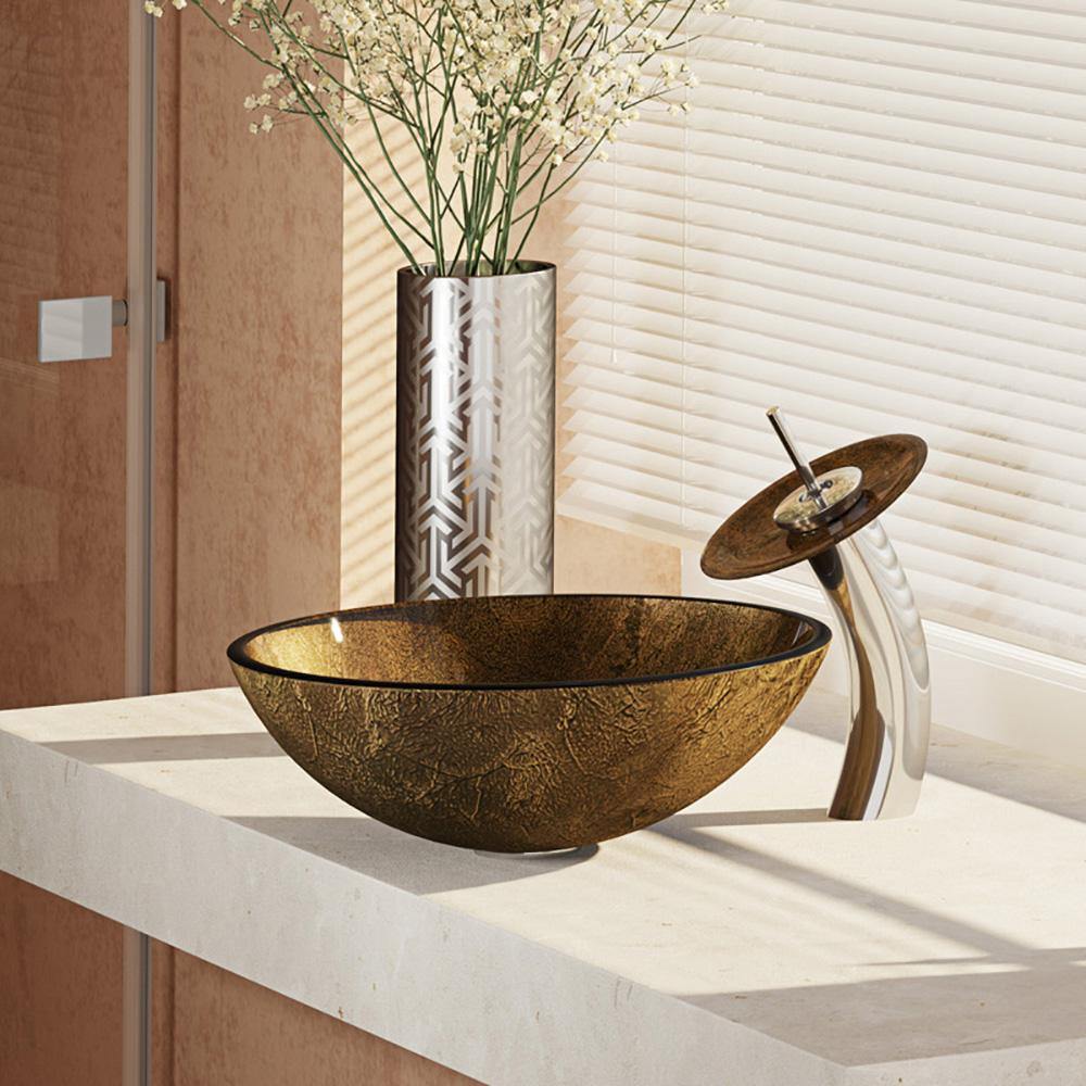 Rene 17" Round Glass Bathroom Sink, Regal Bronze and Earth Tones, with Faucet, R5-5035-WF-C - The Sink Boutique