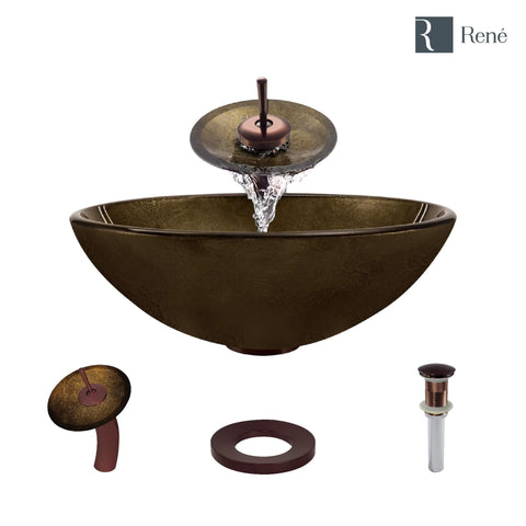 Rene 17" Round Glass Bathroom Sink, Regal Bronze and Earth Tones, with Faucet, R5-5035-WF-ORB