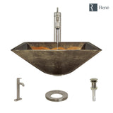 Rene 17" Square Glass Bathroom Sink, Metallic Green and Gold, with Faucet, R5-5036-R9-7001-BN