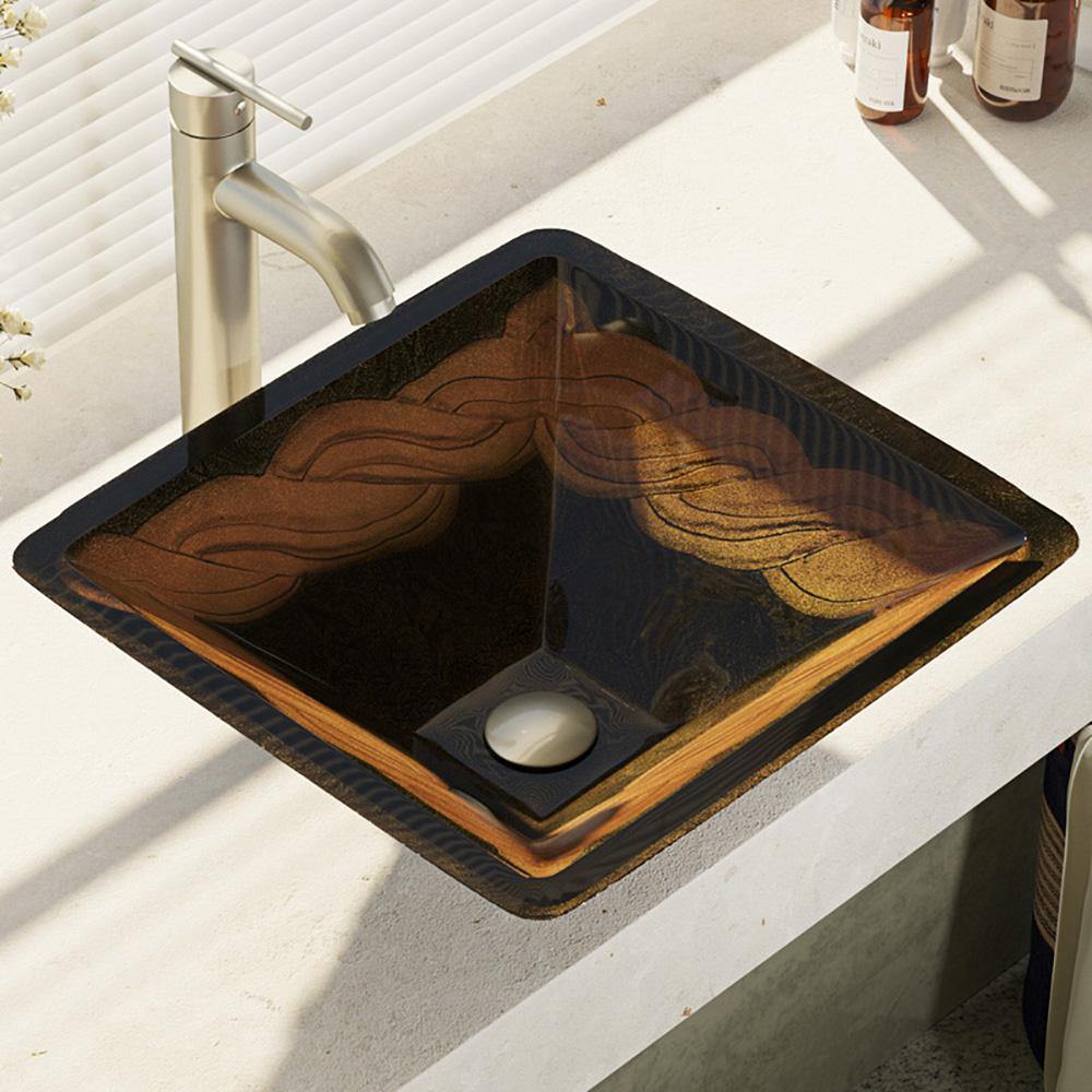 Rene 17" Square Glass Bathroom Sink, Metallic Green and Gold, with Faucet, R5-5036-R9-7001-BN - The Sink Boutique