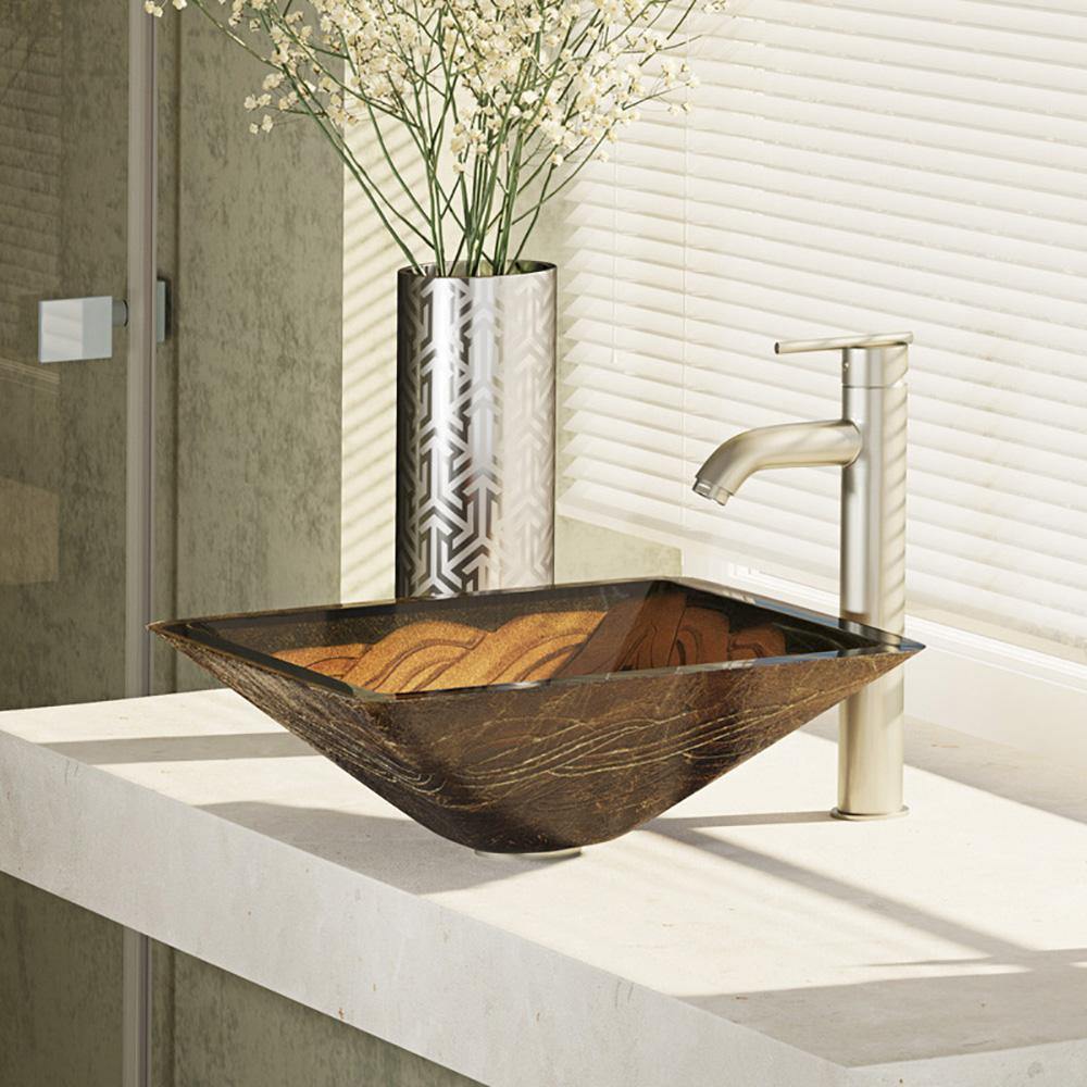 Rene 17" Square Glass Bathroom Sink, Metallic Green and Gold, with Faucet, R5-5036-R9-7001-BN - The Sink Boutique